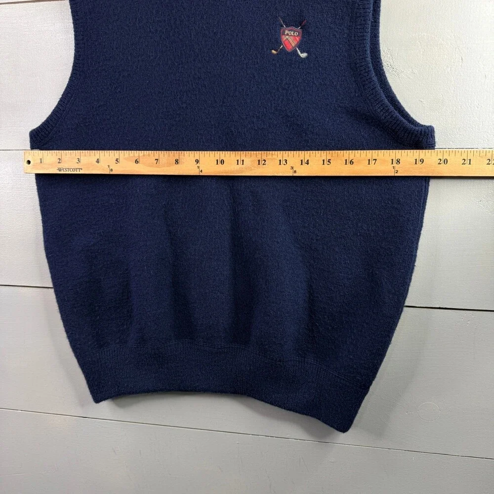 Polo Golf Ralph Lauren Sweater Vest Mens L Navy Wool Crest V Neck Vintage